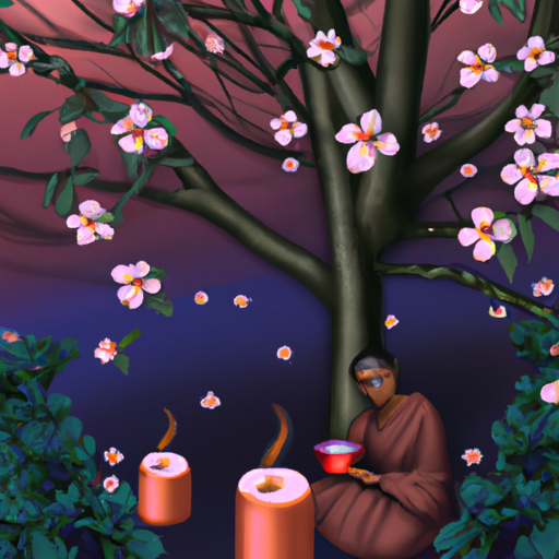 An image featuring a serene individual meditating under a blossoming tree in a tranquil garden, surrounded by candles and incense