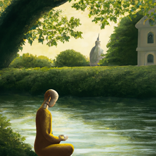 An image depicting a serene individual meditating beside a flowing river, surrounded by lush green trees and bathed in soft golden sunlight, symbolizing the pursuit of spiritual guidance and connection with God outside the confines of a traditional church setting