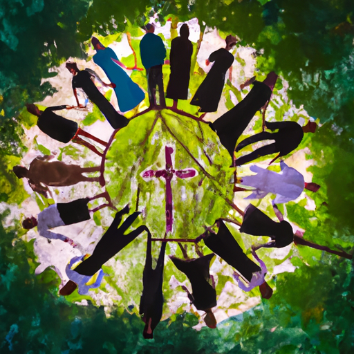 An image depicting a diverse group of individuals engaged in a serene outdoor meditation circle, surrounded by lush greenery and embracing one another, symbolizing the power of connecting with a spiritual community beyond the confines of a church