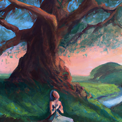 An image depicting a serene individual meditating under a majestic ancient tree, surrounded by soft sunlight filtering through the leaves, as a gentle breeze carries their prayers towards the heavens
