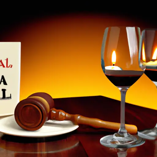 An image showcasing a romantic candlelit dinner table with two wine glasses, a gavel, and a law book, subtly hinting at the exciting and sophisticated world of dating a lawyer
