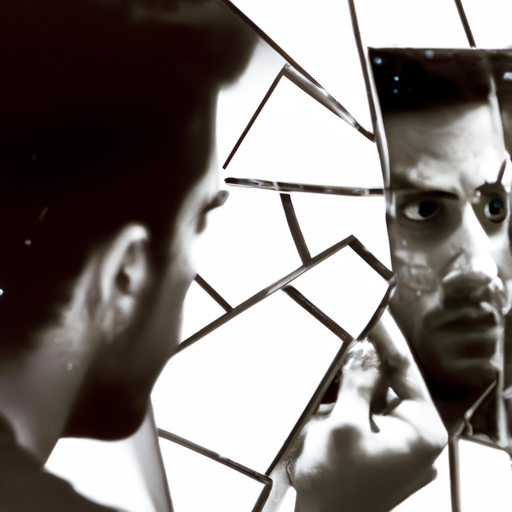 An image showcasing a person staring intently at their reflection in a shattered mirror, representing the process of recognizing narcissistic behavior