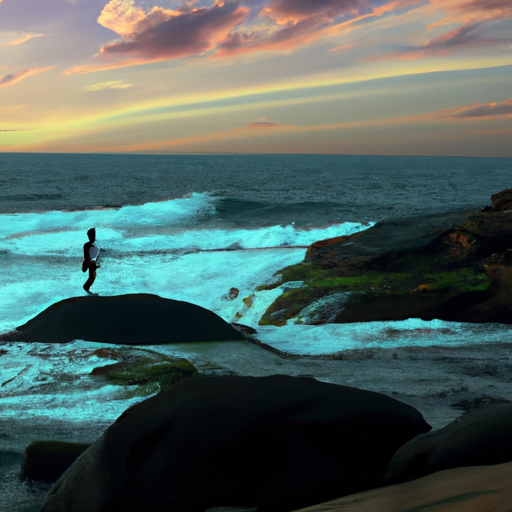 An image showcasing a serene beach scene at sunset, with a person standing confidently on a rock, symbolizing empowerment and resilience in dealing with a narcissist