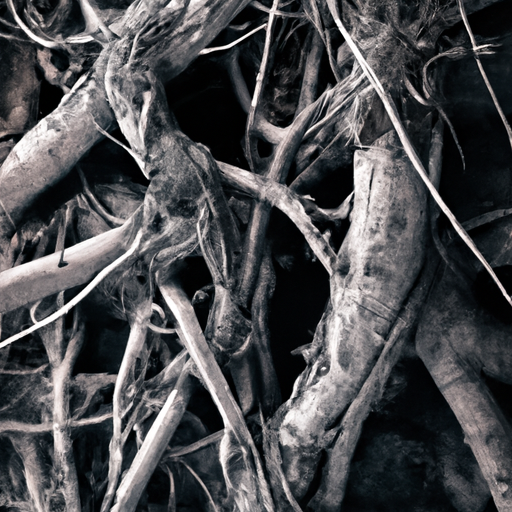An image showcasing a tangled web of intertwined tree roots, symbolizing the complex and hidden underlying issues that fuel relationship drama