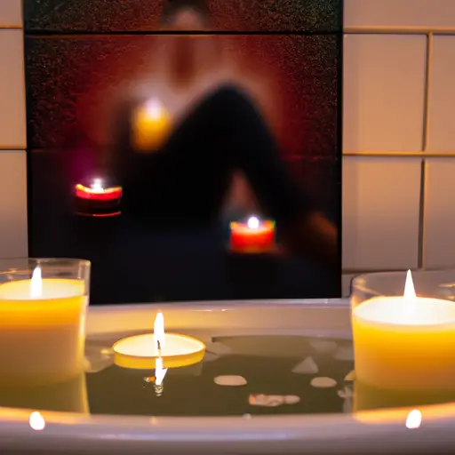 An image capturing a person sitting peacefully in a bubble bath, surrounded by lit candles and relaxing music playing in the background, to visually depict the importance of self-care and setting boundaries in dealing with relationship drama
