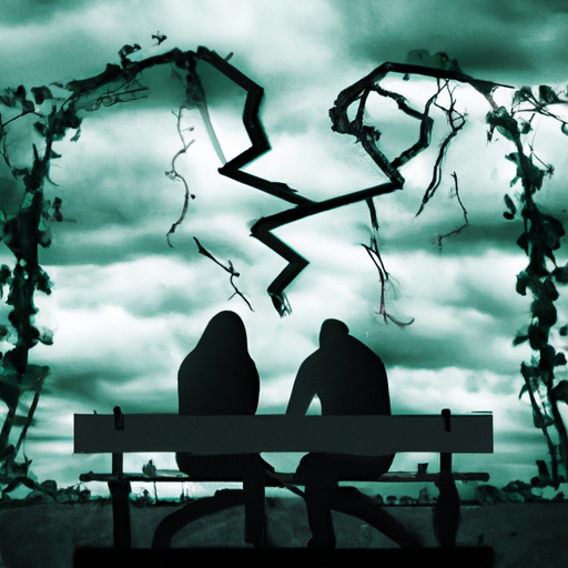 An image of two silhouetted figures sitting on opposite ends of a broken heart-shaped bench