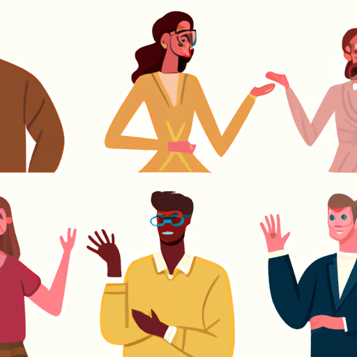 An image featuring a group of diverse individuals engaged in a conversation, each showcasing distinct non-verbal cues such as hand gestures, body language, and facial expressions, highlighting the importance of identifying your personal communication style