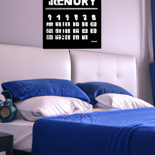 An image of a serene bedroom scene, with a neatly made bed, a clock on the nightstand indicating a consistent wake-up time, and a calendar on the wall showing a structured daily routine