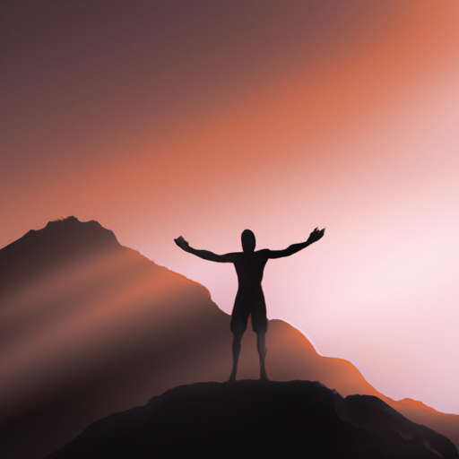 An image showcasing a person standing tall on a mountaintop, arms outstretched, with a radiant sunrise casting a warm glow
