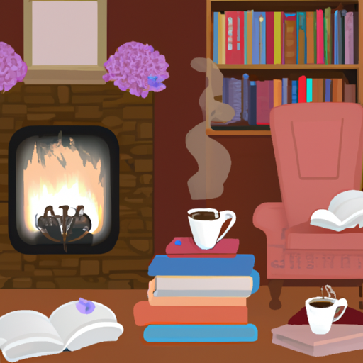  Depict a warmly lit, cozy living room with a crackling fireplace, soft cushions, and a shelf adorned with books on relationships