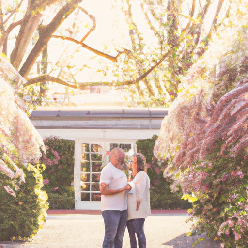 an image of a couple strolling hand in hand, surrounded by a vibrant, blooming garden