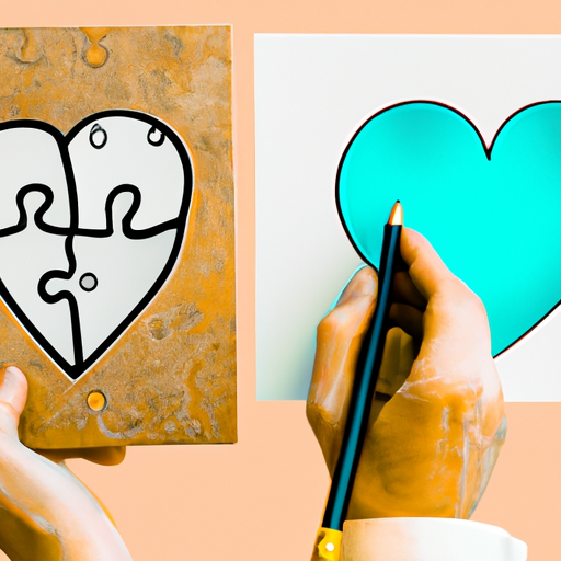 An image showcasing a person holding a pen and a heart-shaped puzzle piece, symbolizing building an authentic profile