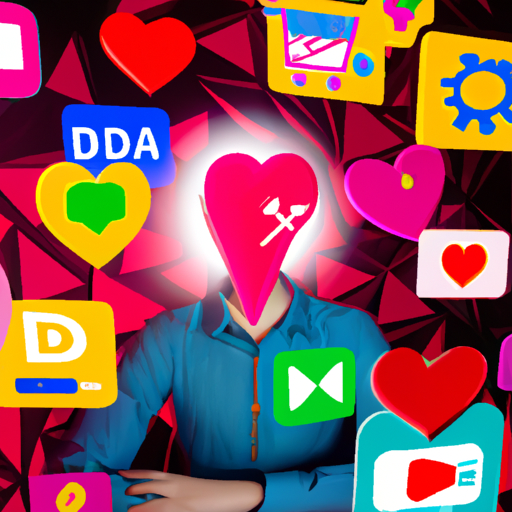 An image depicting a person in a virtual world, surrounded by a diverse array of dating app icons, each representing a different aspect of the online dating landscape, symbolizing the complexities of navigating through the realm of online romance