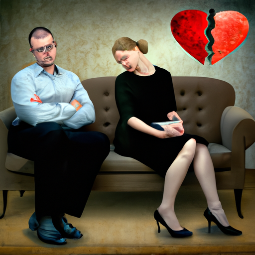 An image depicting a couple sitting on a therapist's couch, their body language revealing tension and sadness