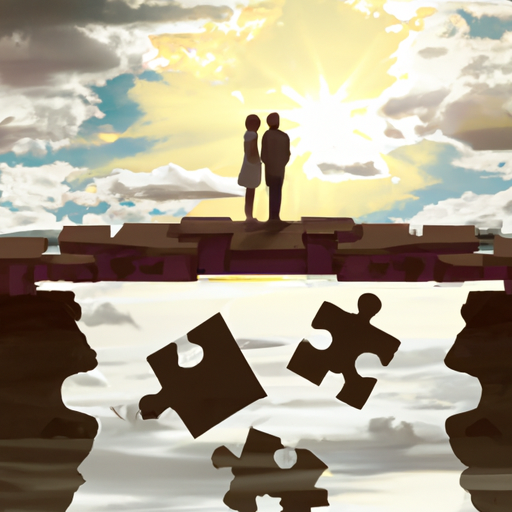 An image depicting a couple standing on a broken bridge, symbolizing their broken marriage