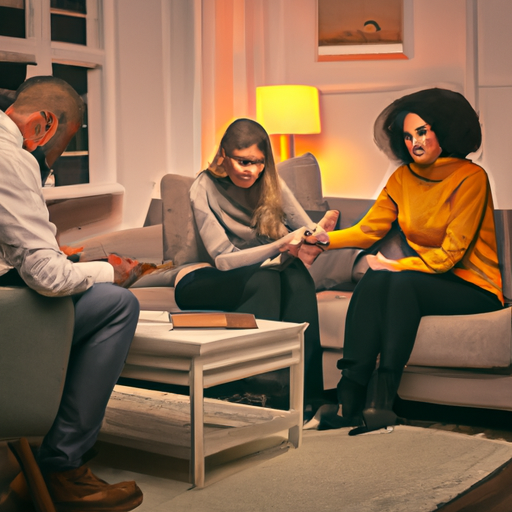An image of a couple sitting on a cozy couch in a therapist's office, surrounded by warm colors and soft lighting, with the therapist attentively listening and offering support, conveying a sense of hope and relief
