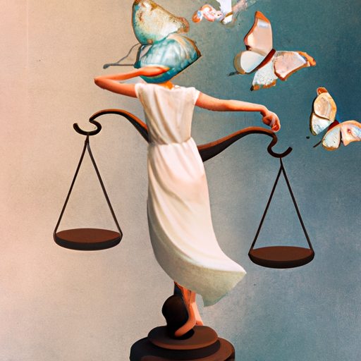 An image featuring a person extending a delicate, perfectly balanced scale towards a thoughtful Libra, who is gently releasing a flock of harmonious butterflies as a symbol of forgiveness