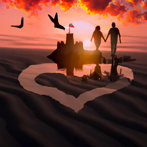An image of a couple holding hands, strolling towards a picturesque sunset on a beach