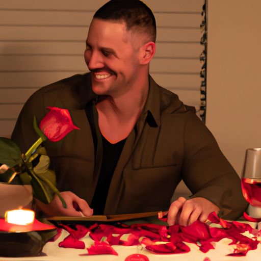 An image showcasing a man surprising his partner with a candlelit dinner at home, carefully arranging rose petals on the table, and wearing a thoughtful expression as he presents her with a heartfelt gift