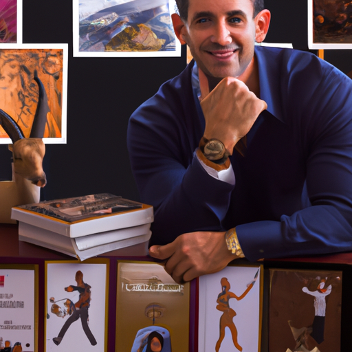 An image displaying a well-dressed Capricorn man, gazing at a vision board covered in pictures of his partner's impressive achievements, with a subtle but confident smile on his face