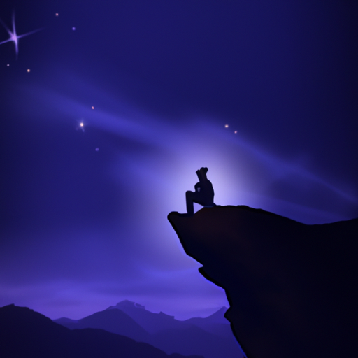 An image showcasing a serene night sky, with a solitary figure sitting on a mountain peak, surrounded by shimmering stars