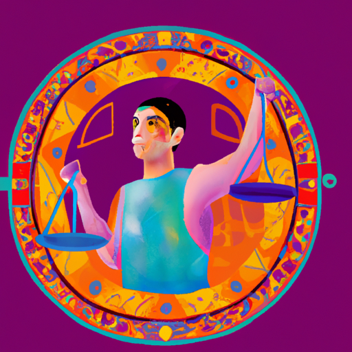 An image depicting a serene Libra man surrounded by harmonious colors, holding a scale in one hand and a mirror in the other