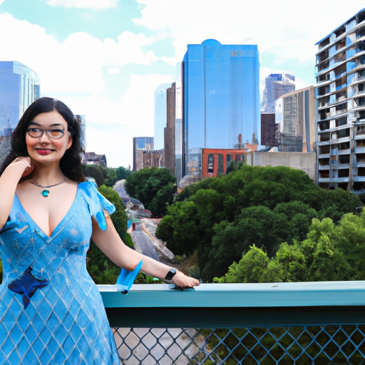 An image of a confident woman standing tall, surrounded by a vibrant cityscape