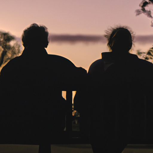 An image of two silhouettes sitting on a park bench, their backs slightly turned towards each other, with a soft sunset casting warm hues on their faces, evoking a nostalgic atmosphere