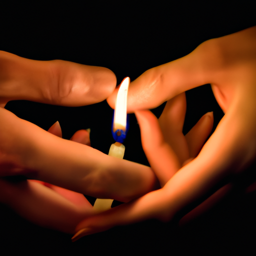 An image of two hands, gracefully intertwining fingers, as they hold a flickering candle