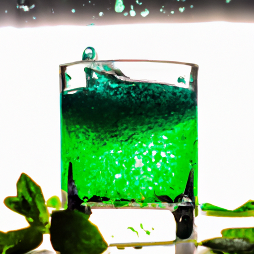 An image capturing a close-up shot of a sparkling, minty green mouthwash swirling around in a crystal-clear glass, surrounded by a bed of fresh, vibrant mint leaves and a few drops of refreshing lemon juice