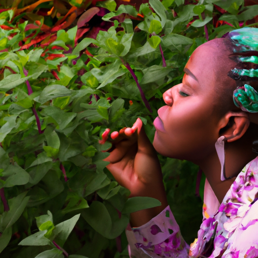 An image featuring a serene outdoor setting, where a person is seen enjoying a fresh herb garden, picking mint leaves and placing them in their mouth, with a gentle breeze carrying the aroma