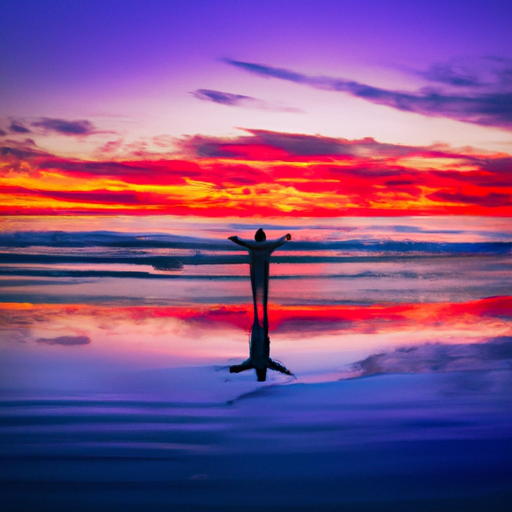 An image of a serene beach at sunset, with a lone figure standing at the water's edge, arms open wide