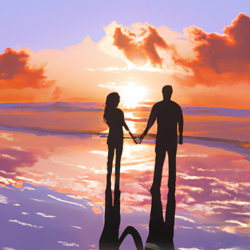 An image showcasing a serene beach at sunset, with two figures holding hands, gazing into each other's eyes
