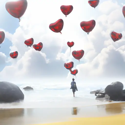 An image of a serene beach, with a person releasing heart-shaped balloons into the sky
