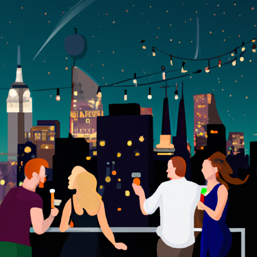 An image featuring a bustling rooftop bar in New York City, adorned with twinkling lights, where young professionals mingle, clinking glasses, sharing laughter, and exchanging flirtatious glances against the backdrop of the iconic city skyline