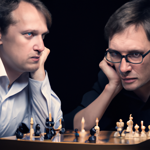 An image showcasing a chessboard with two players engaged in an intense game