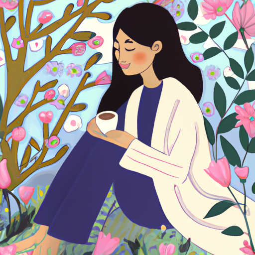 An image of a woman sitting in a serene garden, surrounded by blooming flowers and gently holding a cup of tea