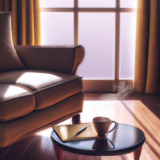 An image showcasing a serene morning routine: a cozy corner with a plush armchair, soft morning light streaming in through the window, a steaming cup of tea, and a journal open to a blank page, inviting self-reflection and prioritization
