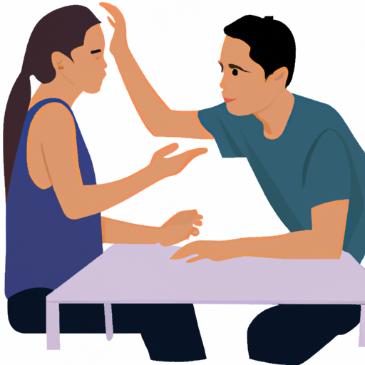 An image depicting a couple sitting face-to-face, their body language displaying open and engaged postures