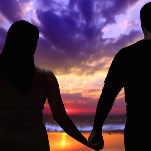 An image showcasing a couple holding hands, standing on a beach at sunset