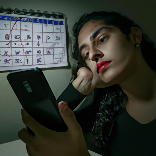 An image showcasing a woman in a dimly lit room, her face reflecting disappointment as she gazes at an empty phone screen, while a calendar marked with crossed-out dates symbolizes the passage of time