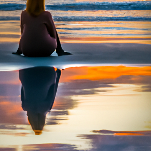An image showcasing a silhouette of a woman sitting on a serene beach at sunset, with her back turned towards the viewer