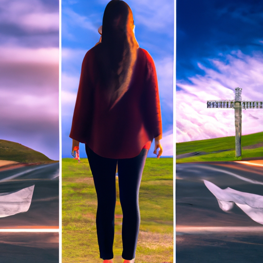 An image showcasing a woman standing at a crossroad, one path leading to a blurred figure representing unrequited love, and the other path leading towards a vibrant horizon of self-discovery and independence
