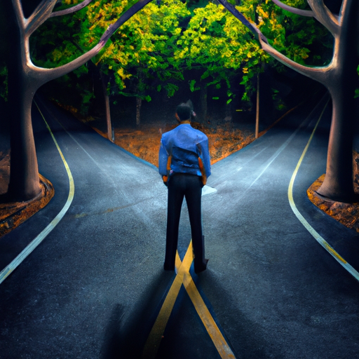 An image depicting a person standing at a crossroads, with one path leading to a shadowy, regret-filled past, and the other path illuminated by a vibrant future filled with growth and opportunity
