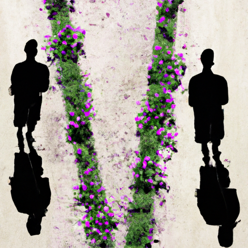 An image featuring a person standing at a crossroad, their shadow divided into two paths – one leading to a vibrant future, adorned with blooming flowers, and the other showcasing the person's past regrets, depicted as withered vines