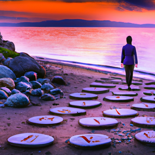 An image showcasing a serene beach at sunset, where a person stands before a pathway lined with stepping stones