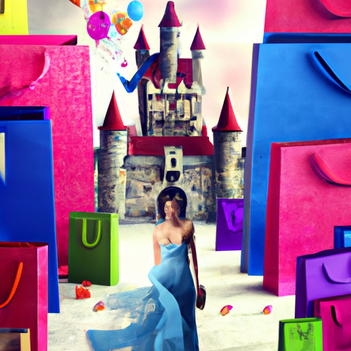 An image that portrays a single woman surrounded by a towering wall of fairy tale castles, high-end shopping bags, and magazine covers displaying airbrushed perfection, symbolizing the overwhelming societal pressure and unrealistic expectations that hinder her quest for love
