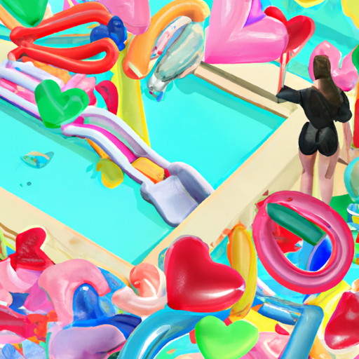An image capturing the frustration of single women searching for love, depicting a crowded swimming pool filled with inflatable toys and a few dilapidated ladders, symbolizing the scarcity of quality options available
