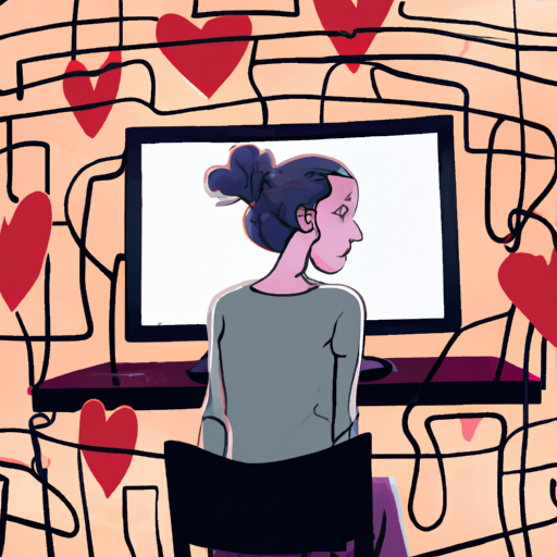 An image featuring a single woman sitting in front of a computer screen, surrounded by a maze of tangled wires and virtual hearts
