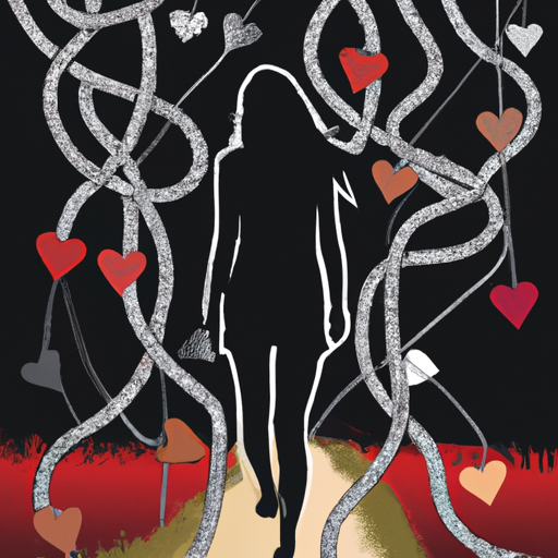 An image depicting a silhouette of a single woman, standing on a path strewn with broken hearts and tangled ropes symbolizing emotional baggage